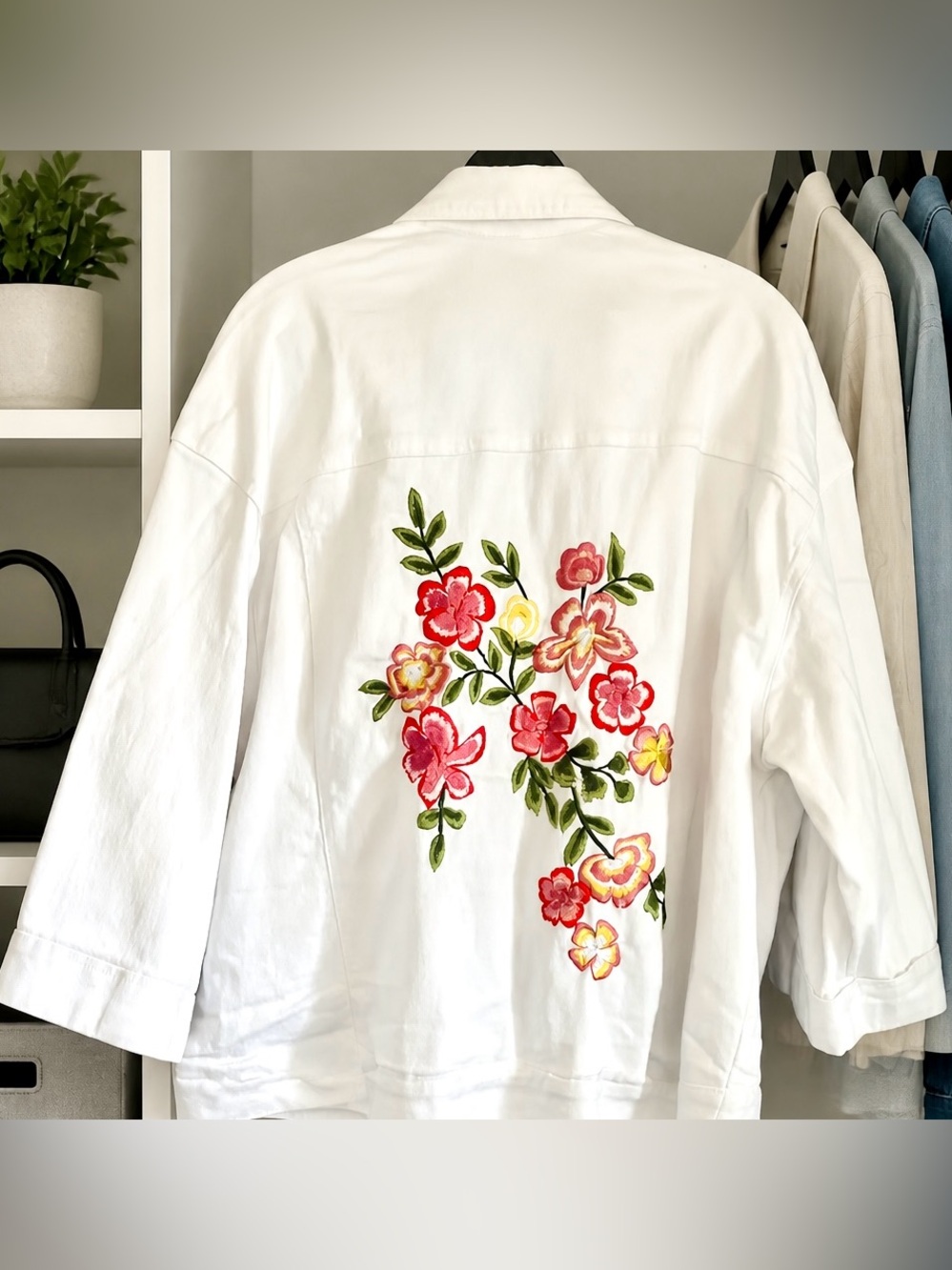 Rafaella White Jean Jacket with Pink & Green Floral Embroidery. Pockets!!